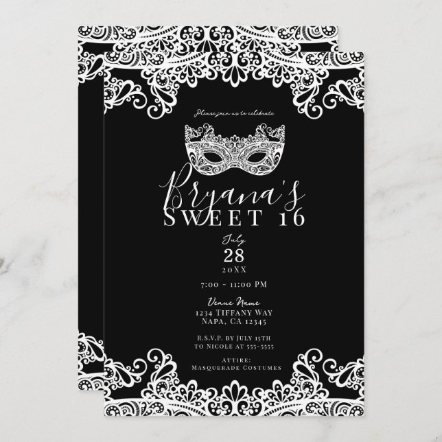 Invitación Dulce de la mascarada de encaje blanco y negro 16  (Anverso / Reverso)