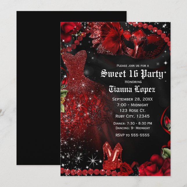 Invitación Dulce de la mascarada de la vestimenta negra roja  (Anverso / Reverso)