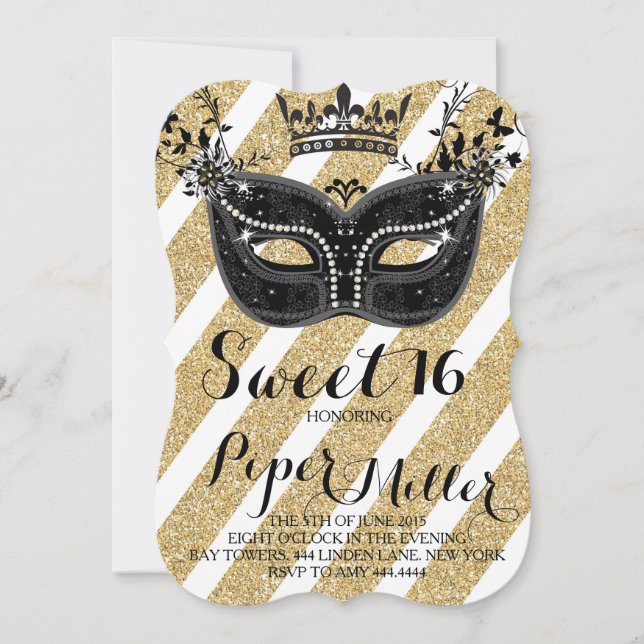 Invitación Dulce de la mascarada de oro negro y Purpurina 16 (Anverso)