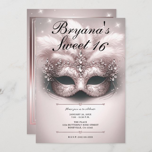 Invitación Dulce de la Mascarada de Oro Rosa Rosa 16 Fotos Cu (Anverso / Reverso)