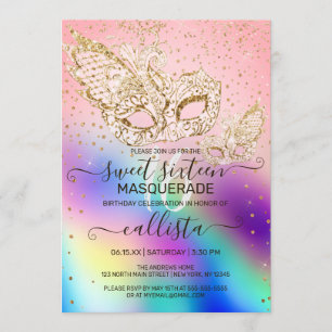 Invitación Dulce de la mascarada holográfica Purpurina de oro