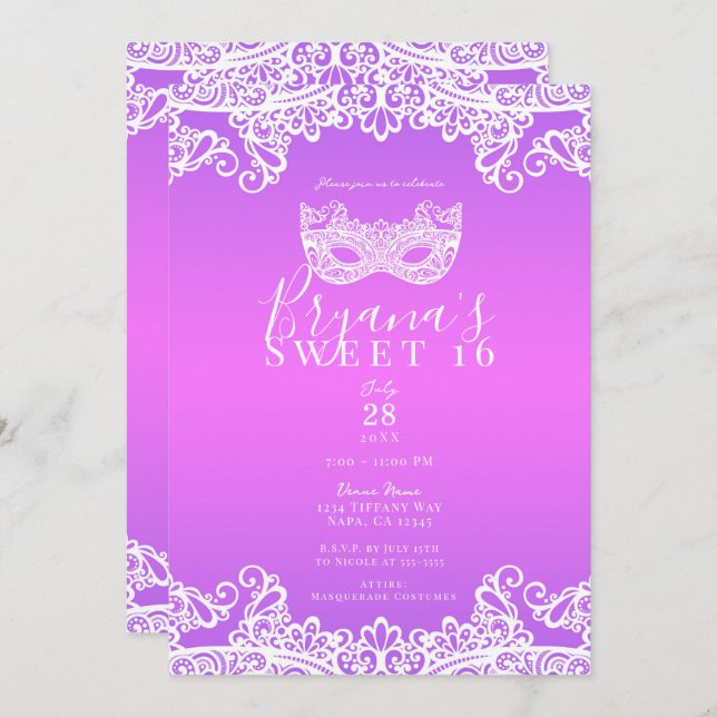 Invitación Dulce de la mascarada rosa morado de encaje blanco (Anverso / Reverso)