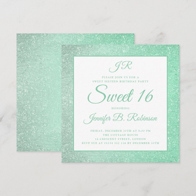 Invitación Dulce de la verde menta purpurina del monograma de (Anverso / Reverso)
