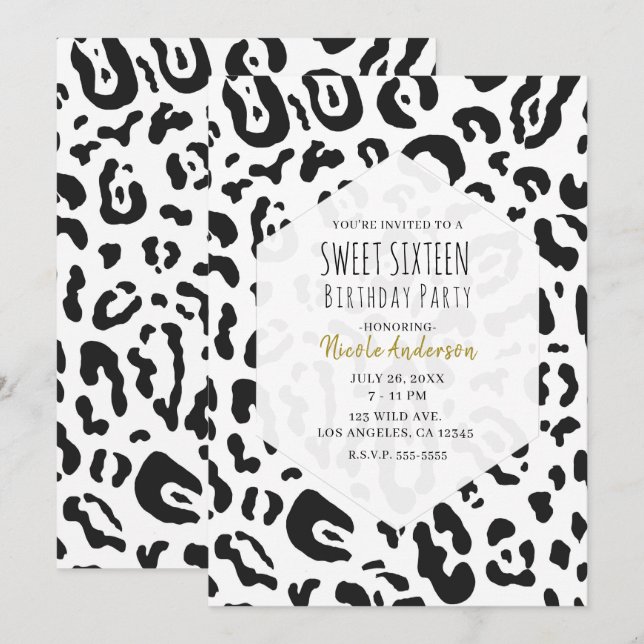 Invitación Dulce de leopardo negro y blanco chita 16 Fiesta (Anverso / Reverso)