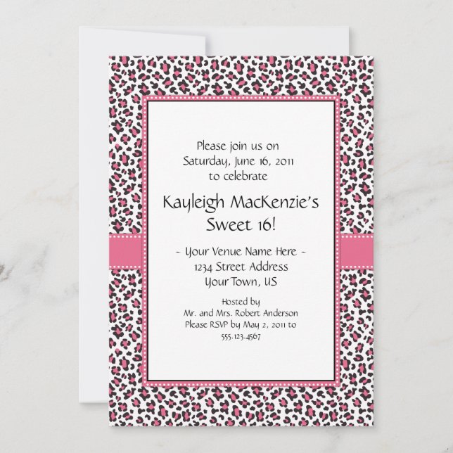 Invitación Dulce de leopardo rosa y marrón 16 Invita (Anverso)