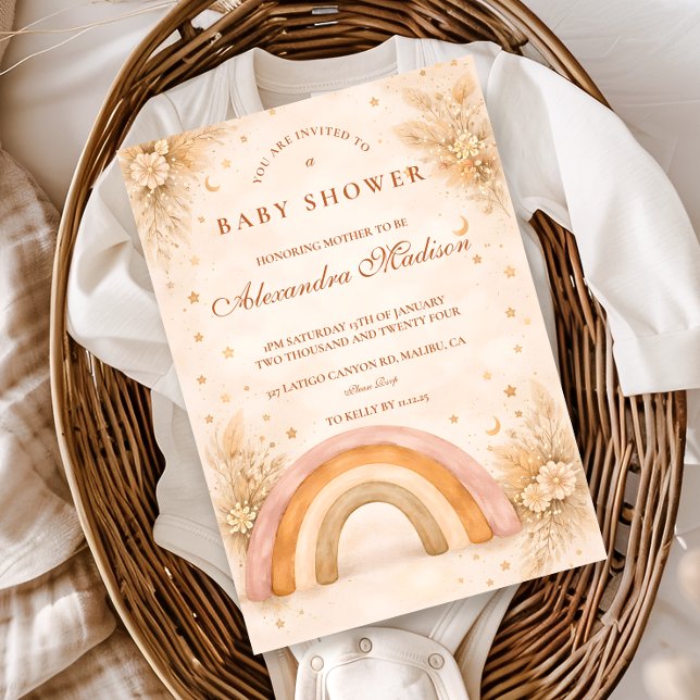 Invitación Dulce de lluvia de arcoíris boho neutral para baby (Subido por el creador)
