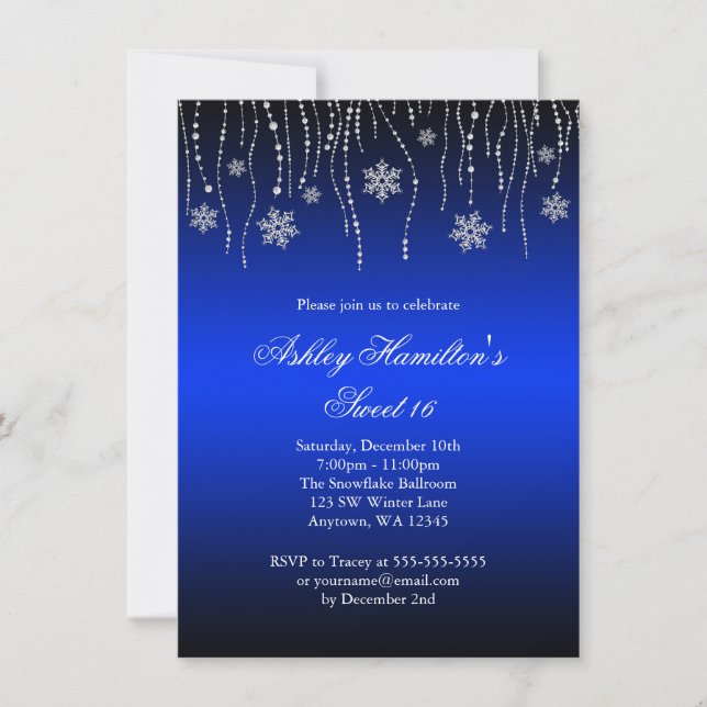 Invitación Dulce de los copos de nieve del negro azul país de (Anverso)