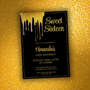 Invitación Dulce de lujo negro y oro Purpurina Drip 16 cumple