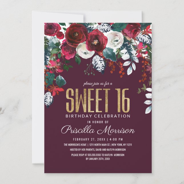 Invitación Dulce de marfil rojo 16 del arreglo floral de (Anverso)