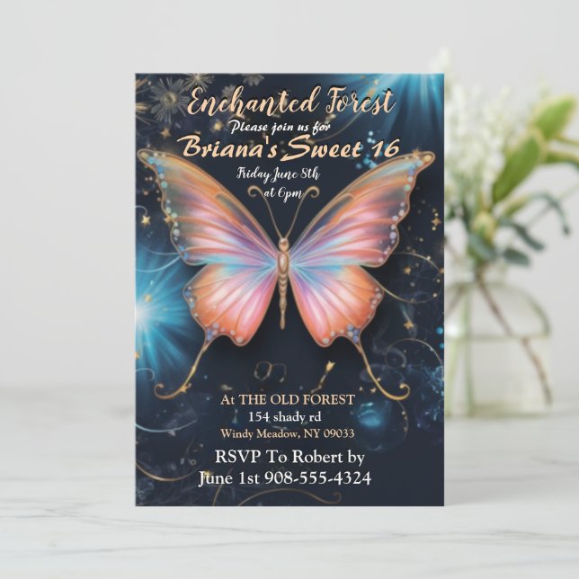 Invitación Dulce de mariposa de bosque encantado 16 Invitació (Anverso de pie)