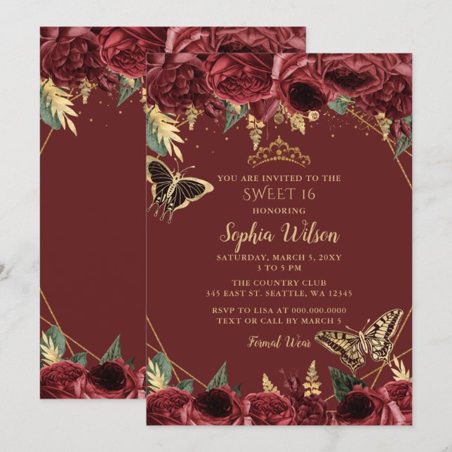 Invitación Dulce de mariposa floral de oro de Borgoña 16 (Anverso / Reverso)