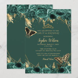 Invitación Dulce de mariposa floral de oro verde esmeralda 16