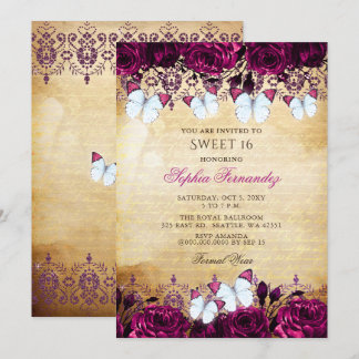 Invitación Dulce de mariposa floral rosada vintage 16