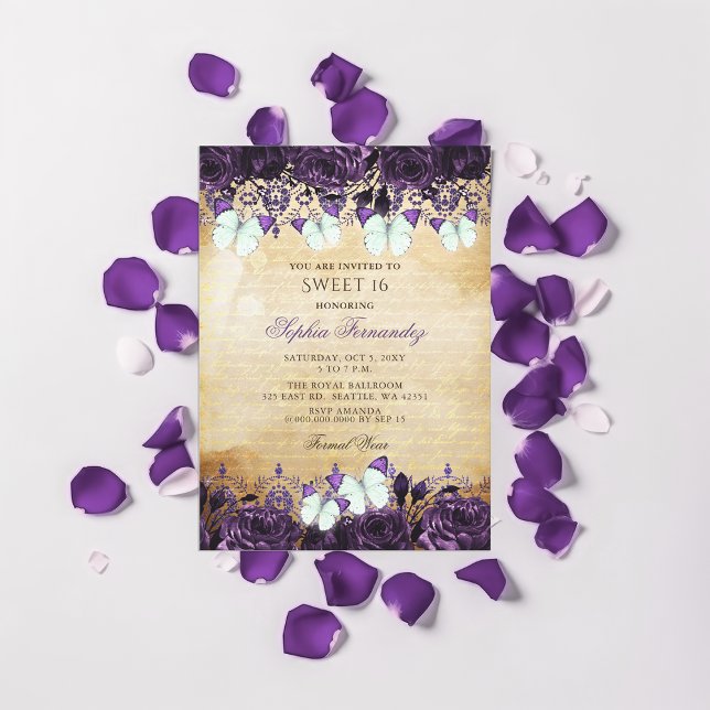 Invitación Dulce de mariposa morada vintage 16 (Vintage Purple Floral Butterfly Sweet 16 Invitation)