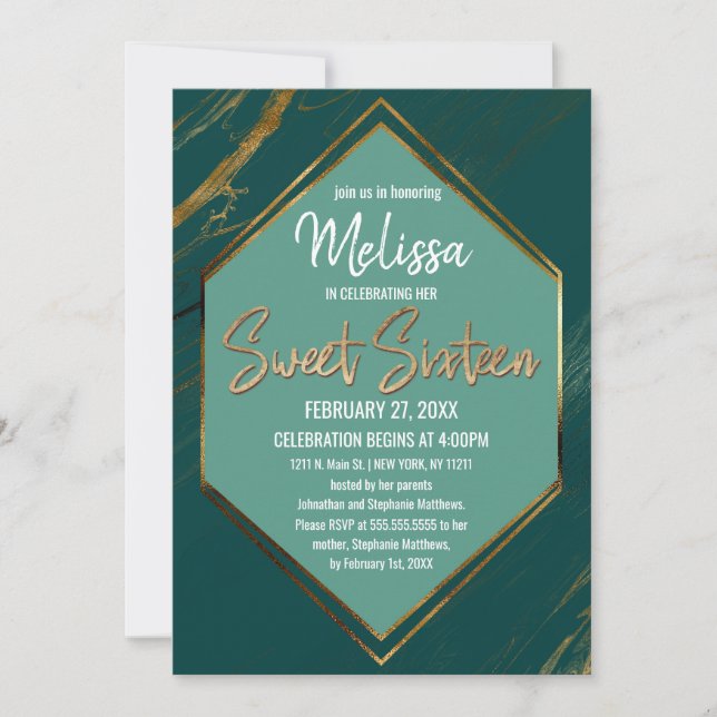 Invitación Dulce de mármol geométrico de oro verde esmeralda  (Anverso)