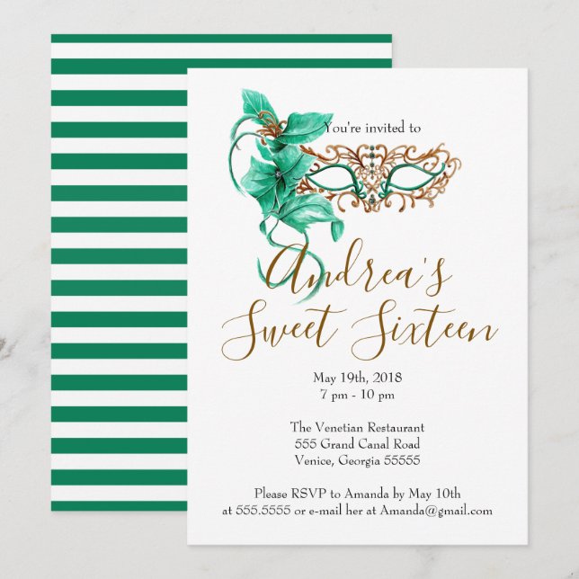 Invitación Dulce de Mascarada 16 cumpleaños (Anverso / Reverso)