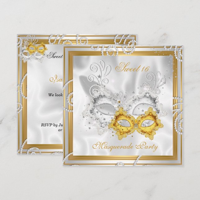 Invitación Dulce de mascarada 16 Fiestas Máscara Plata Oro 2 (Anverso / Reverso)