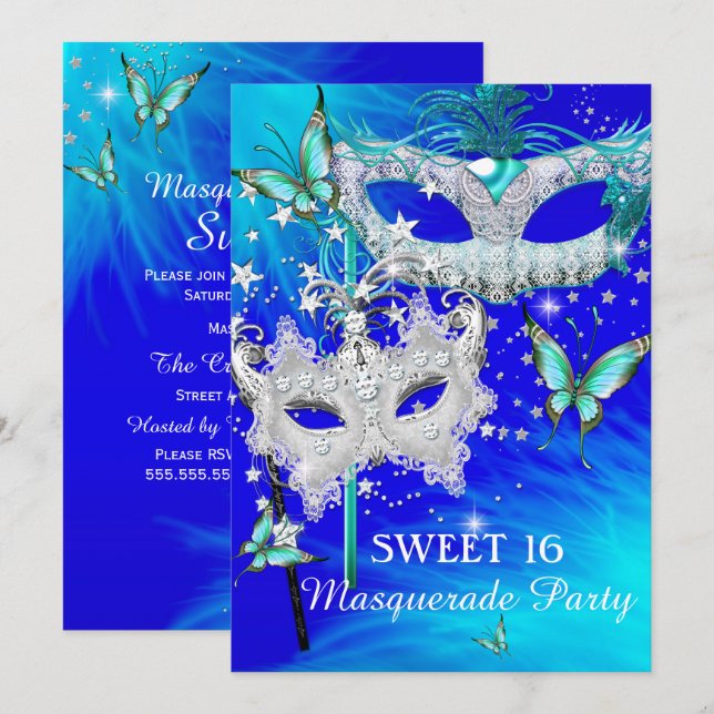 Invitación Dulce de mascarada 16 máscara de diamante azul Ver (Anverso / Reverso)