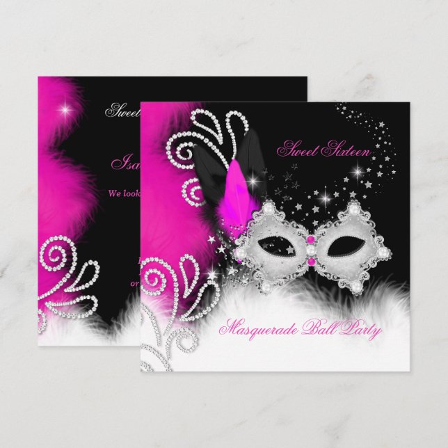 Invitación Dulce de mascarada 16 Máscara de plumas negras de  (Anverso / Reverso)