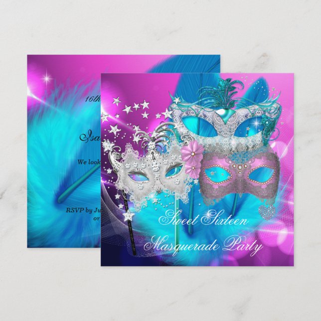Invitación Dulce de mascarada 16 máscara Verde azulada rosa m (Anverso / Reverso)