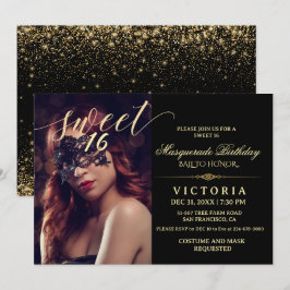 Invitación Dulce de Mascarada de color negro y oro 16 foto de