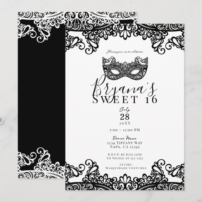 Invitación Dulce de mascarada de encaje blanco y negro 16 Fie (Anverso / Reverso)