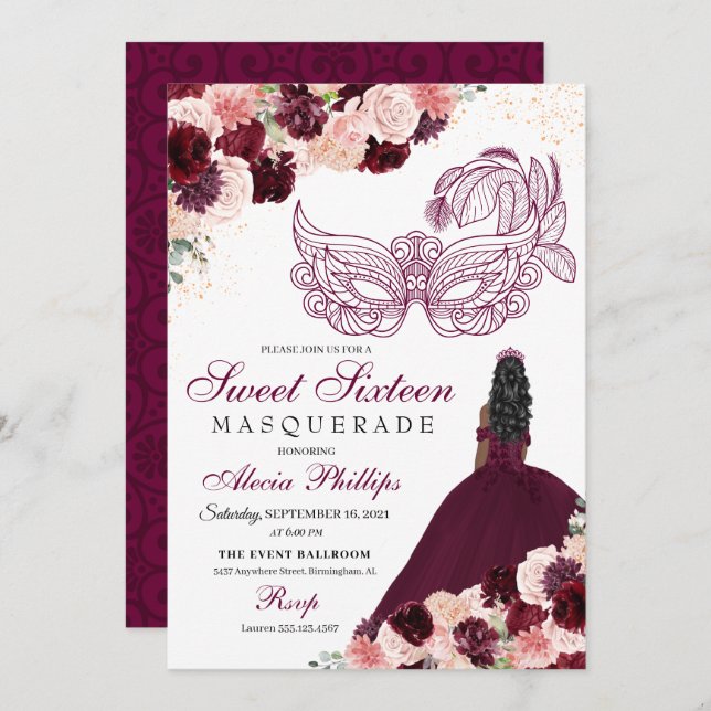 Invitación Dulce De Mascarada De Flores Rosa De Borgoña Rubor (Anverso / Reverso)