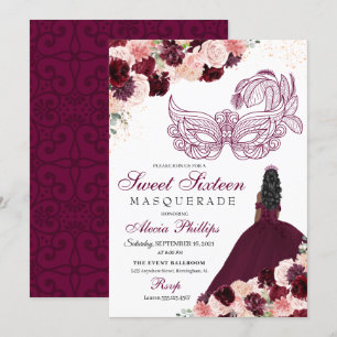 Invitación Dulce De Mascarada De Flores Rosa De Borgoña Rubor
