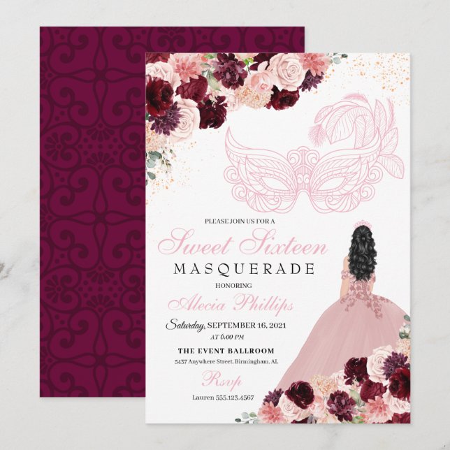 Invitación Dulce De Mascarada De Flores Rosa De Borgoña Rubor (Anverso / Reverso)