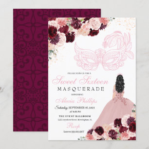 Invitación Dulce De Mascarada De Flores Rosa De Borgoña Rubor