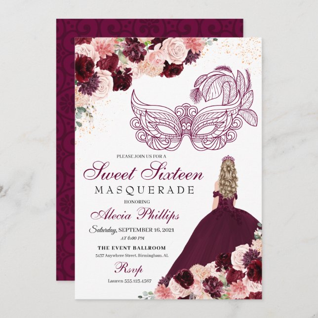 Invitación Dulce De Mascarada De Flores Rosa De Borgoña Rubor (Anverso / Reverso)
