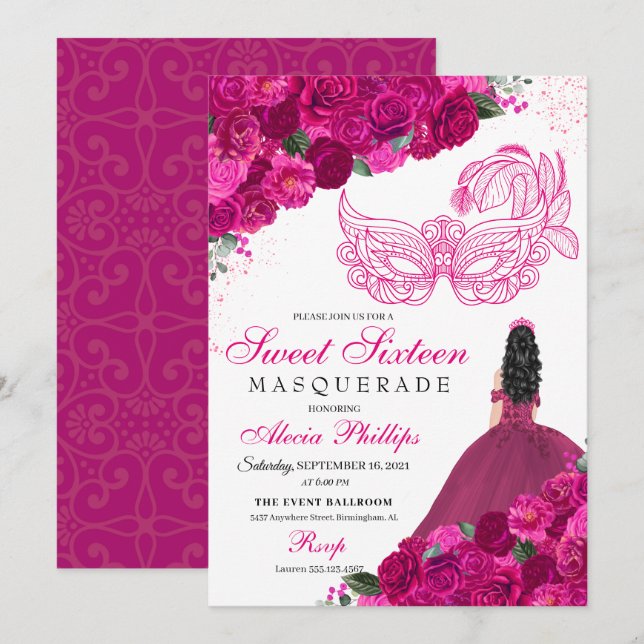 Invitación Dulce de mascarada de flores rosadas de Fuchsia 16 (Anverso / Reverso)
