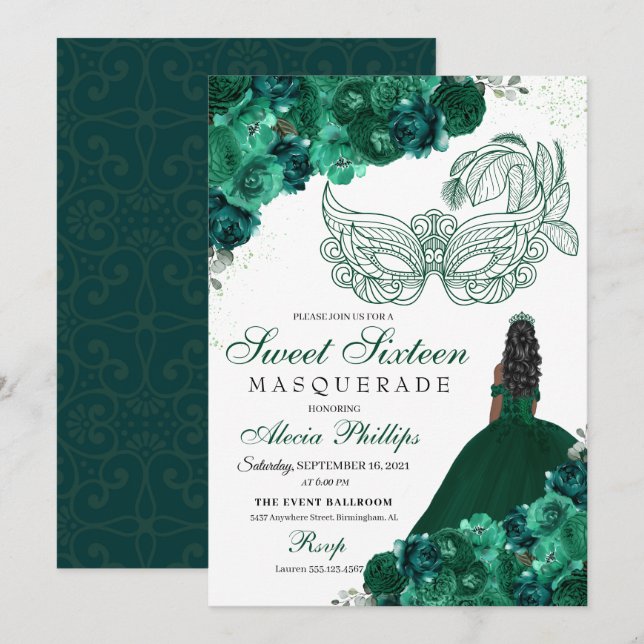 Invitación Dulce de mascarada de flores verde esmeralda 16 In (Anverso / Reverso)