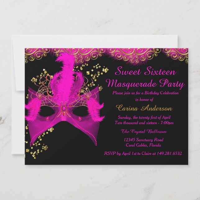 Invitación Dulce de Mascarada de Oro Rosado 16 Cumpleaños (Anverso)