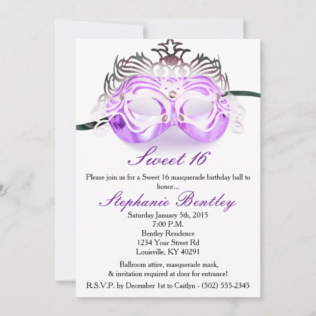 Invitación Dulce de mascarada morada 16 cumpleaños (Anverso)