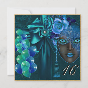 Invitación Dulce de mascarada veneciana verde azulada 16 Invi