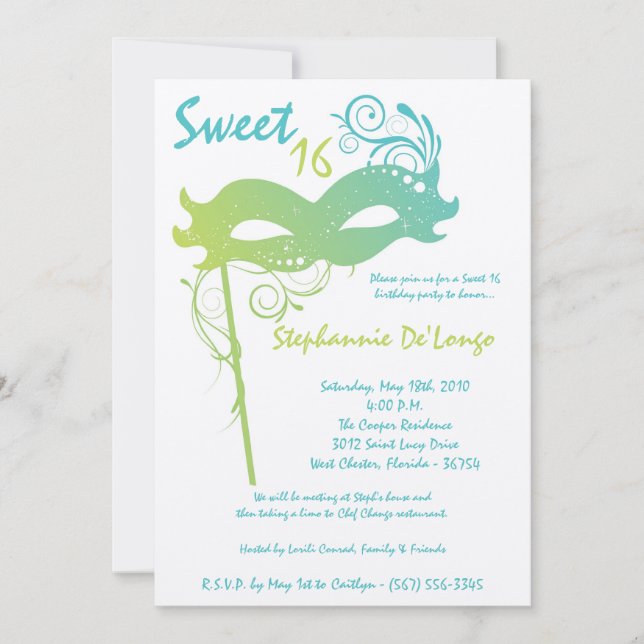 Invitación Dulce de mascarada Verde azulada las 24 horas Invi (Anverso)