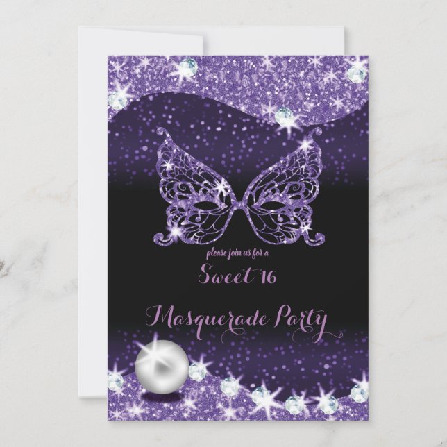 Invitación dulce de máscaras negro y morado 16 purpurinas (Anverso)