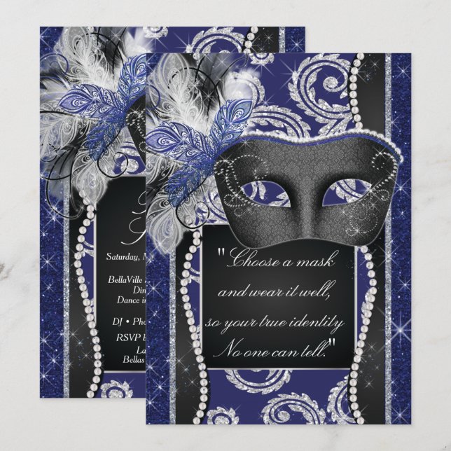 Invitación Dulce de Masquerade 16 Fiestas, Mis Quince Anos (Anverso / Reverso)
