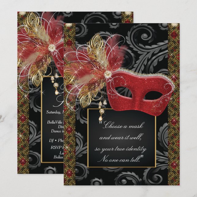 Invitación Dulce de Masquerade 16 Fiestas, Mis Quince Anos (Anverso / Reverso)