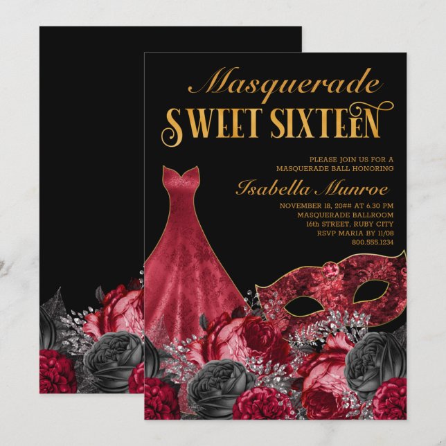 Invitación Dulce de Masquerade 16 Oro Rojo Negro 16 cumpleaño (Anverso / Reverso)