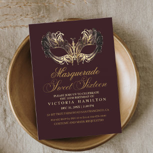 Invitación Dulce de Masquerade Dieciséis cumpleaños de Borgoñ