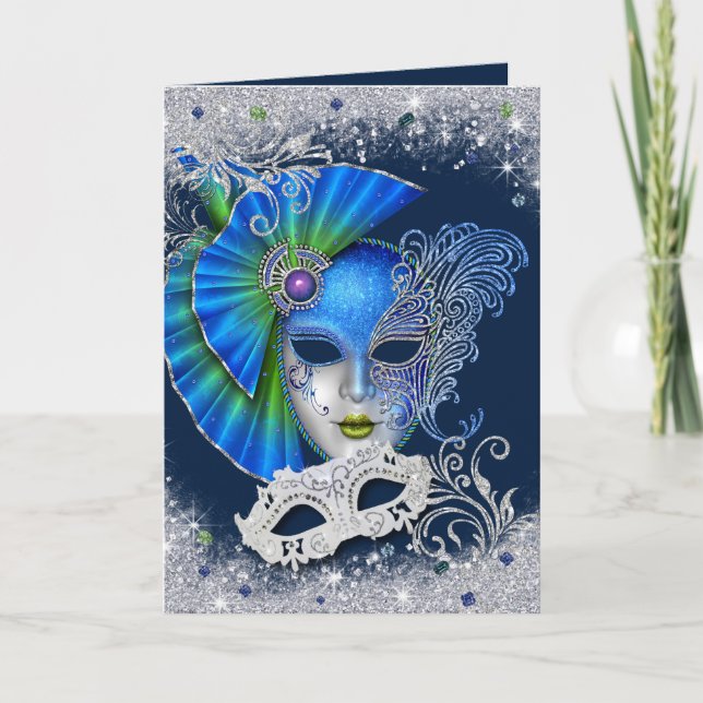 Invitación Dulce de Masquerade Dieciséis Plata y Azul (Anverso)