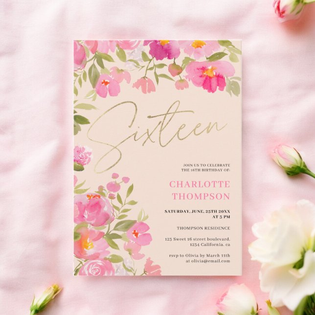 Invitación Dulce de melocotón rosado pintado romántico 16 (Romantic Painted Pink Floral peach Sweet 16 Invitation)