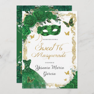 Invitación Dulce de moda 16 oro de la mascarada verde esmeral