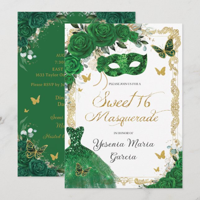 Invitación Dulce de moda 16 oro de la mascarada verde esmeral (Anverso / Reverso)