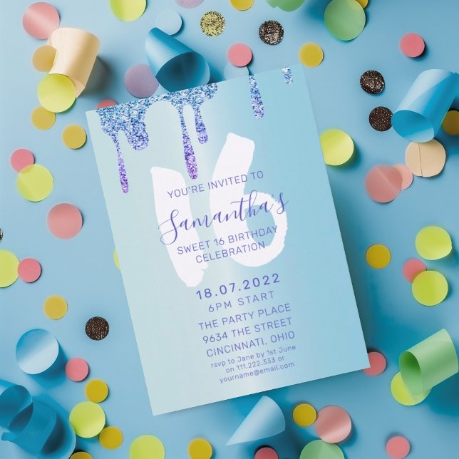 Invitación Dulce de moda 16 Perforaciones azules y Purpurinas (Subido por el creador)