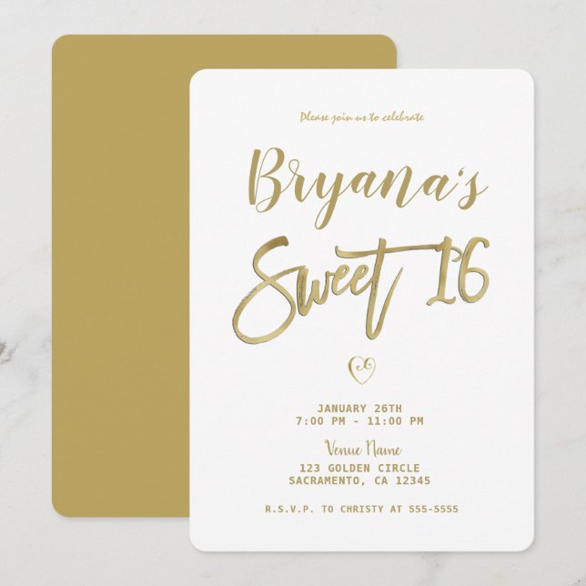 Invitación Dulce de Moda Mínima Blanca y Dorada 16 (Anverso / Reverso)