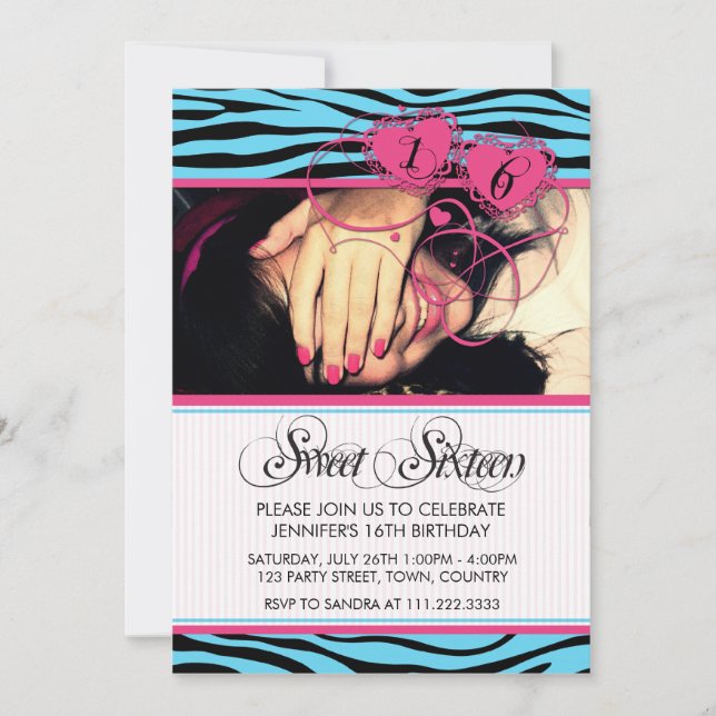 INVITACIÓN DULCE DE MODA ROSADO AZUL DIECISÉIS DEL ESTAMPADO (Anverso)