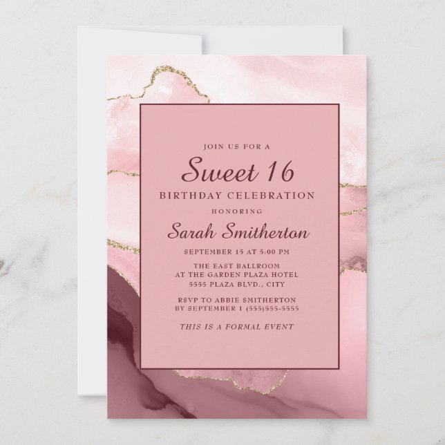 Invitación Dulce de naranja rosado de mármol de oro de Borgoñ (Anverso)